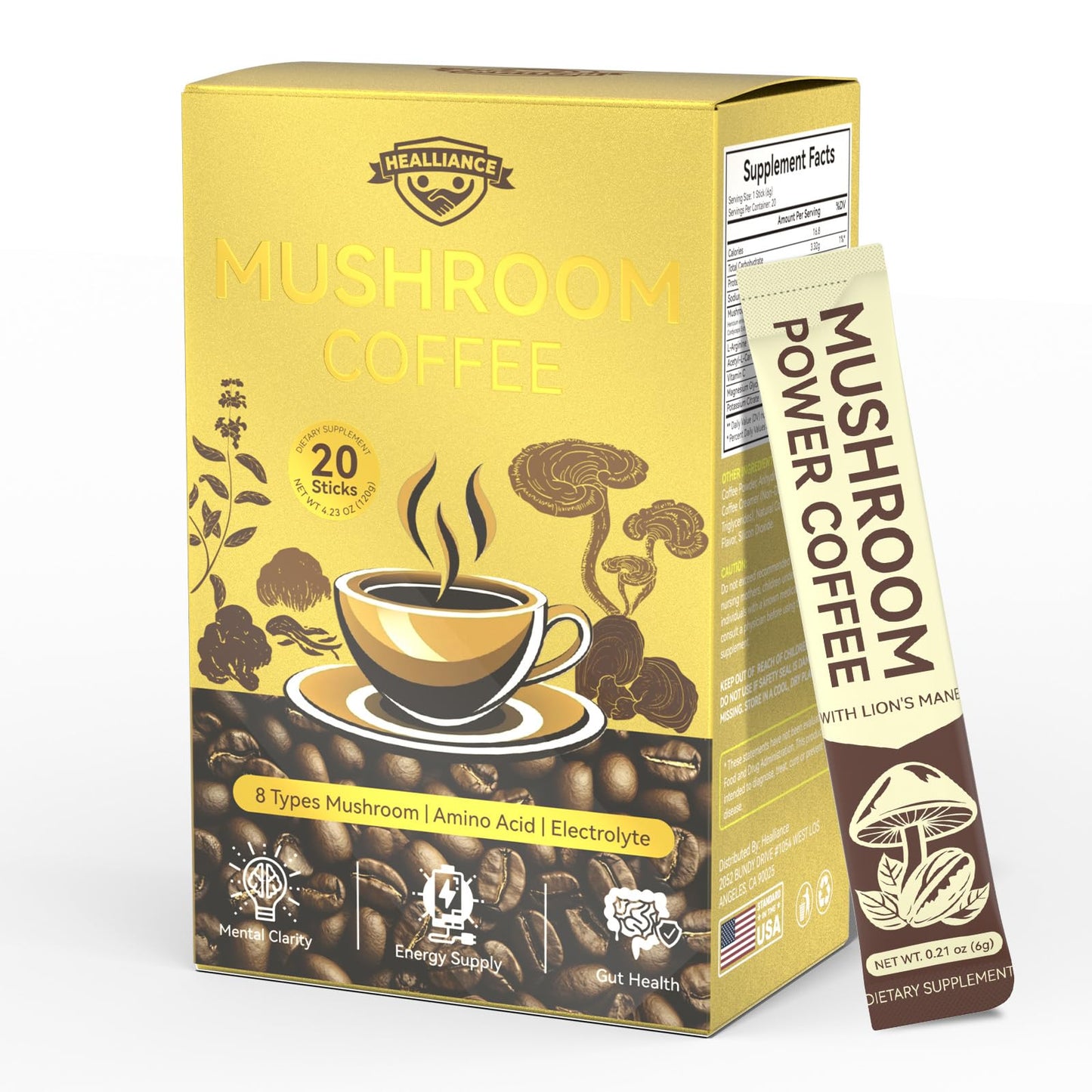 Healliance Organic Instant Mushroom Coffee Powder – Lion’s Mane Adaptogenic Blend, 4.23 oz