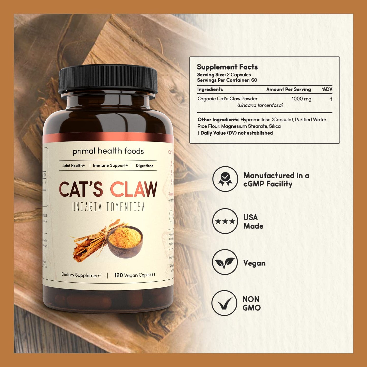 Primal Health Foods Organic Cat's Claw 1000 mg Capsule, 120 Count