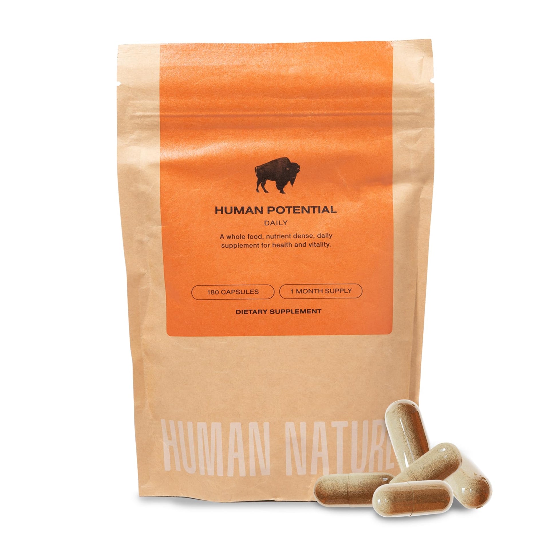 HUMAN NATURE Human Potential: Wild & Grass Fed Bison Organ Supplements Capsules 180 Count