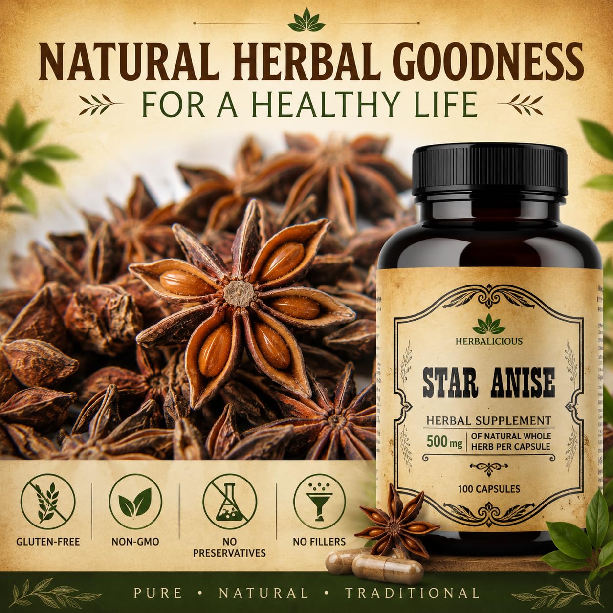 HERBALICIOUS Star Anise Supplement Organic (Illicium verum) 1000mg Capsules, 100 Count