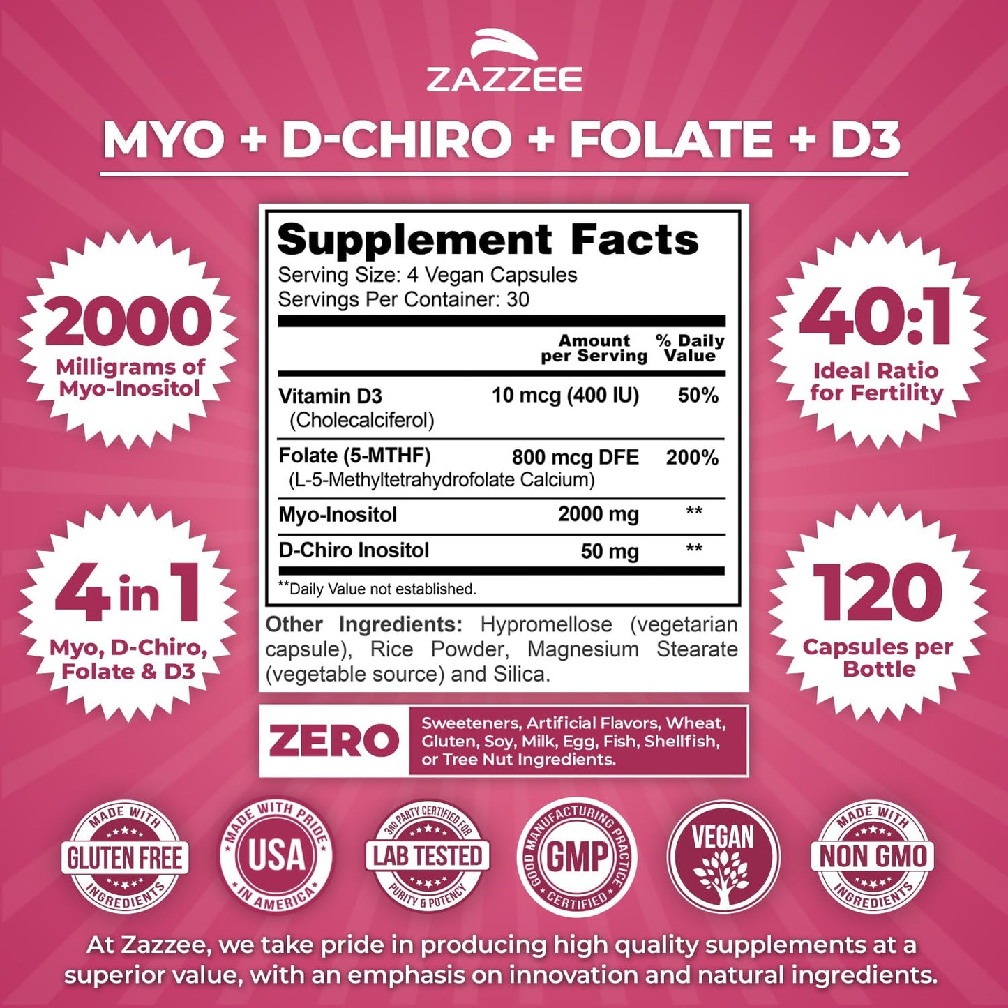 Zazzee Myo & D-Chiro Inositol Ideal 40:1 Ratio with Vitamin D3 & Folate 120 Capsules