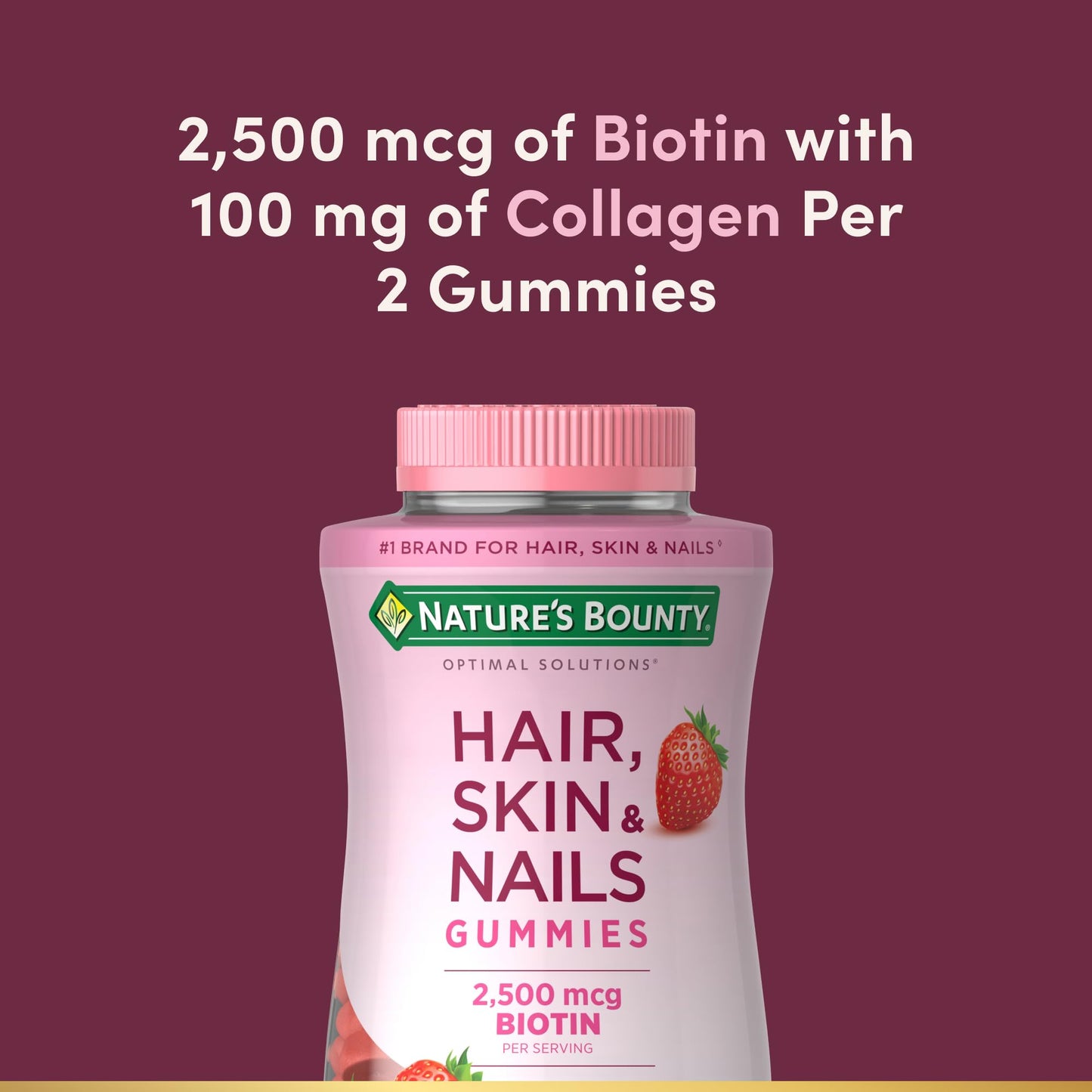 Nature's Bounty Optimal Solutions Hair, Skin and Nails Gummies with Biotin, 2500 mcg, Strawberry Flavored, 200 Count