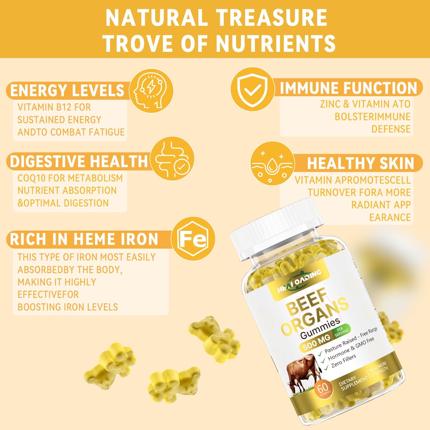 HEALOADING Beef Organ Gummies Supplement for Women, Grass-Fed, Non-GMO, 60 Gummies