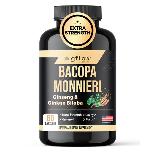 gflow vitamins Bacopa Monnieri Supplement with Ginseng and Ginkgo Biloba Capsules, 60 Count
