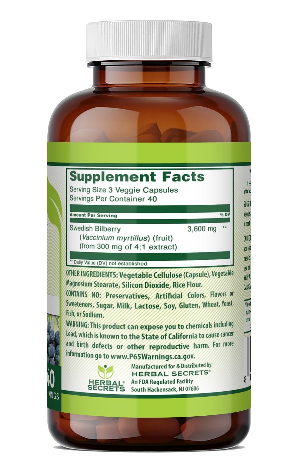 Herbal Secrets Bilberry 300 Mg Standardized 4:1 Extract Capsule, 1 Count