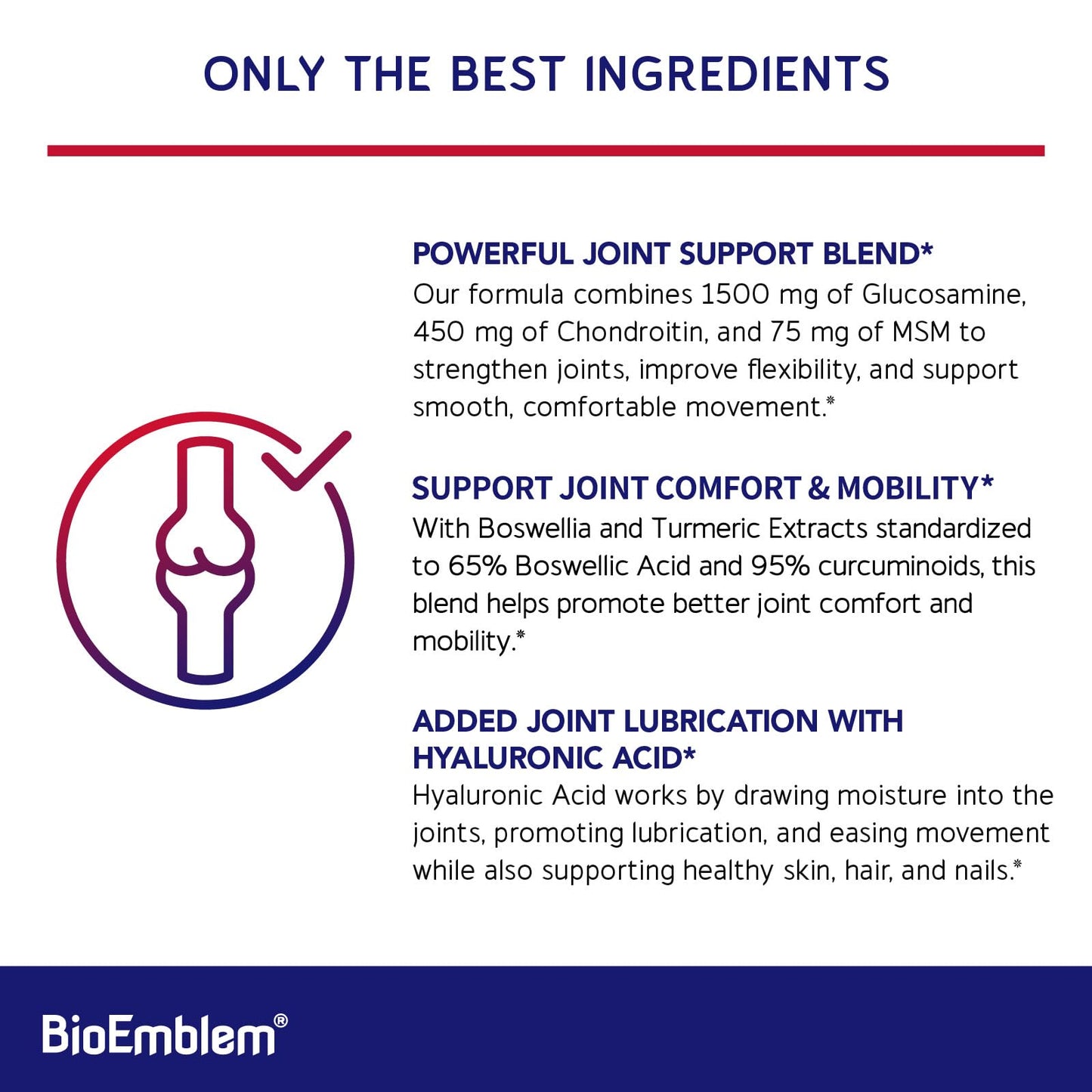 BioEmblem Glucosamine Sulfate 1500mg with Chondroitin & MSM Joint Support with Boswellia, Turmeric & Hyaluronic Acid, Non-GMO, 90 Capsules