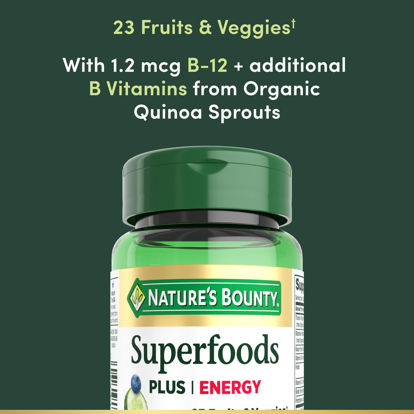 Nature's Bounty Superfoods Plus Energy to Support Cellular Energy 23 Fruits & Veggies Supplement Caplets 30 Count