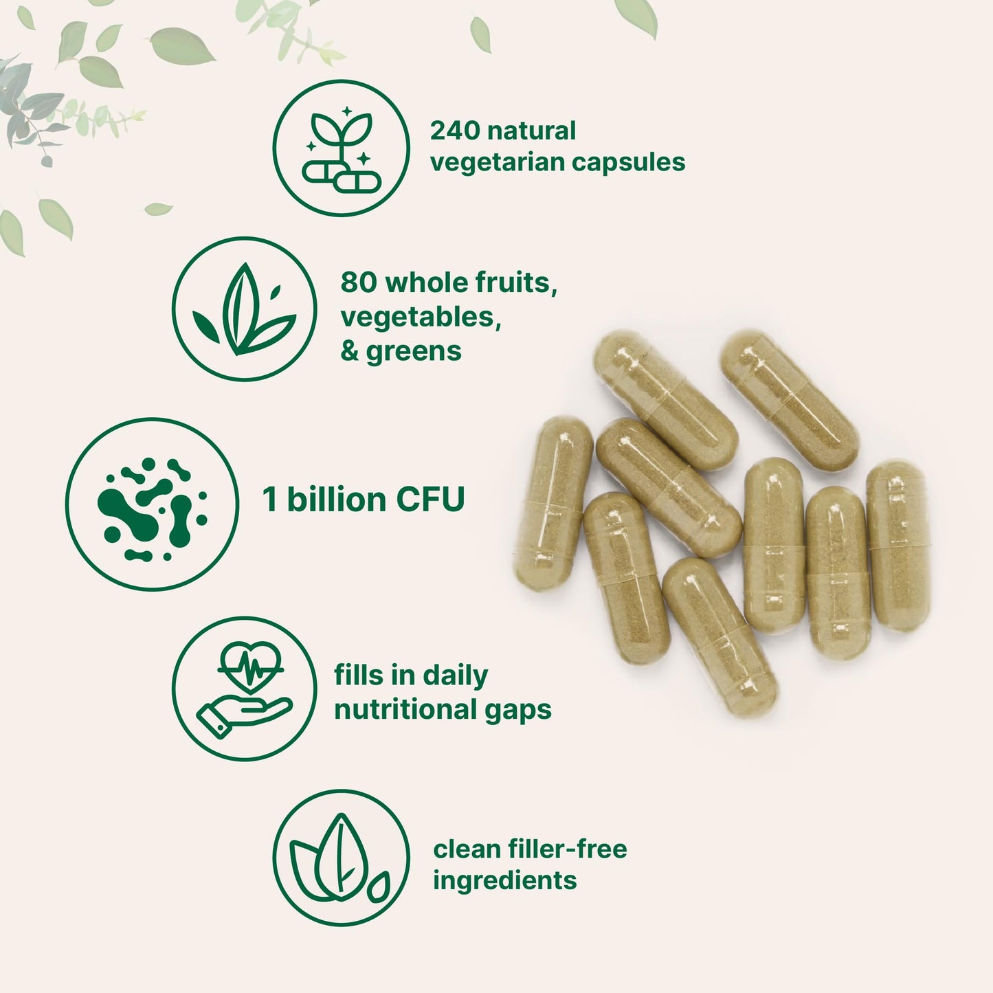 Micro Ingredients Fruit and Veggies Supplement with Probiotics Capsules, 240 Count