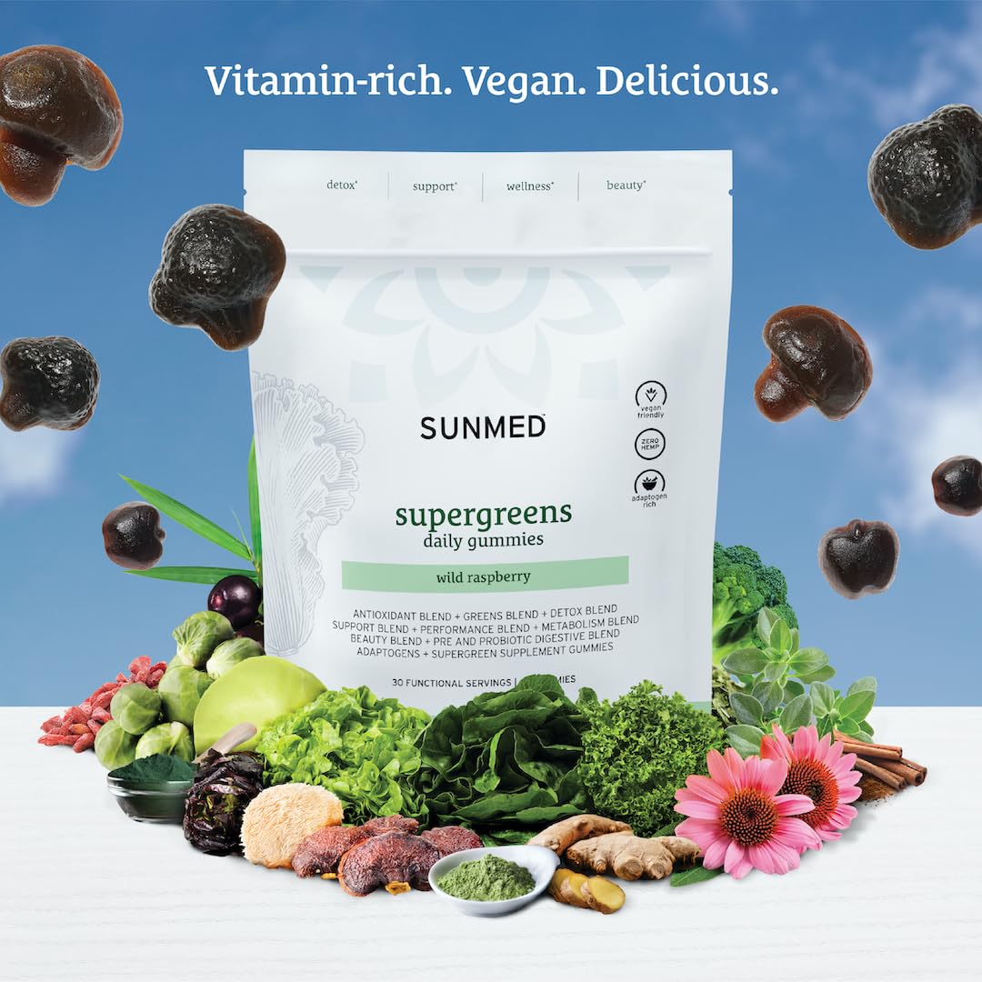 SUNMED Supergreens Daily Gummies Wellness Blend with Ashwagandha, Green Tea, Spirulina, Probiotics, Antioxidants & Detox Support for Immunity, Gut, Skin & Brain Health, Wild Raspberry, 60 Count