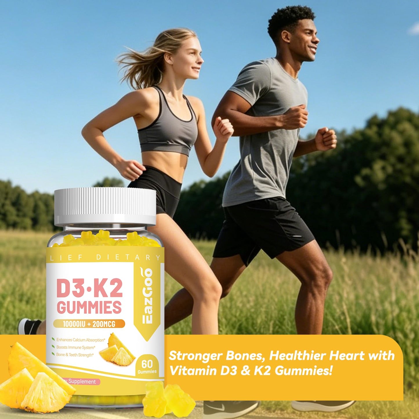 EAZGOO Vitamin D3 K2 Gummies 10000IU D3 + 200mcg K2 (MK-7), 60 Count
