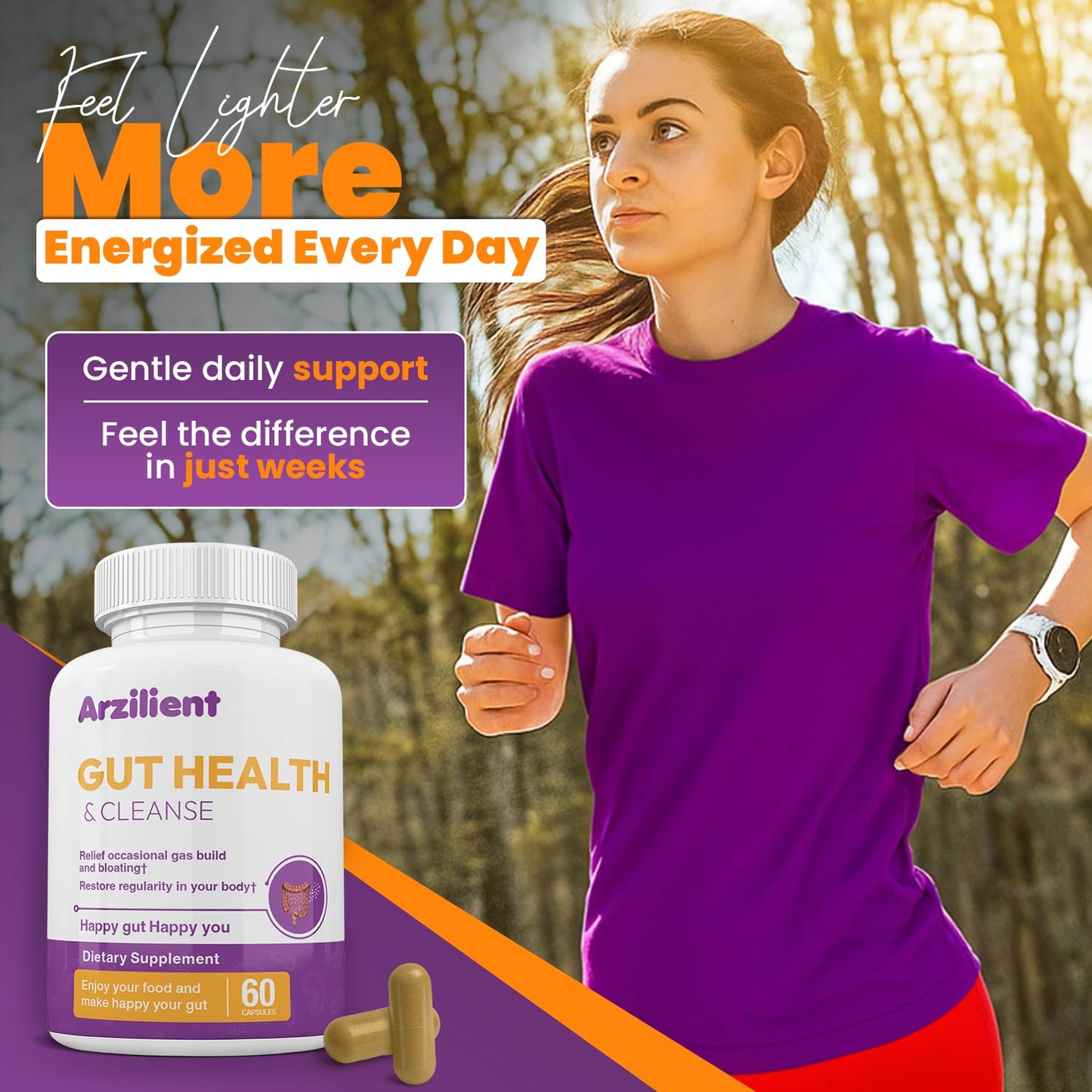 Arzilient Gut Health & Cleanse Prebiotics, Probiotics, Digestive Enzymes & Herbal Blend Capsules, 60 Count