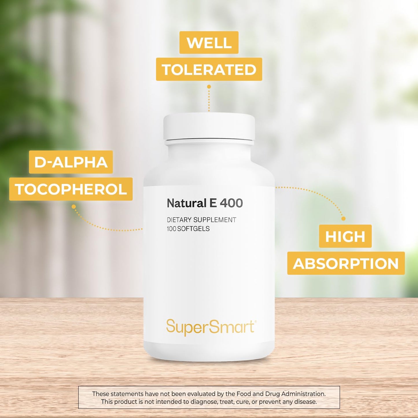 Supersmart Natural E 400 (D-Alpha Tocopherol) 1200IU per Day High Absorption Vitamin E Supplement Capsule 100 Count