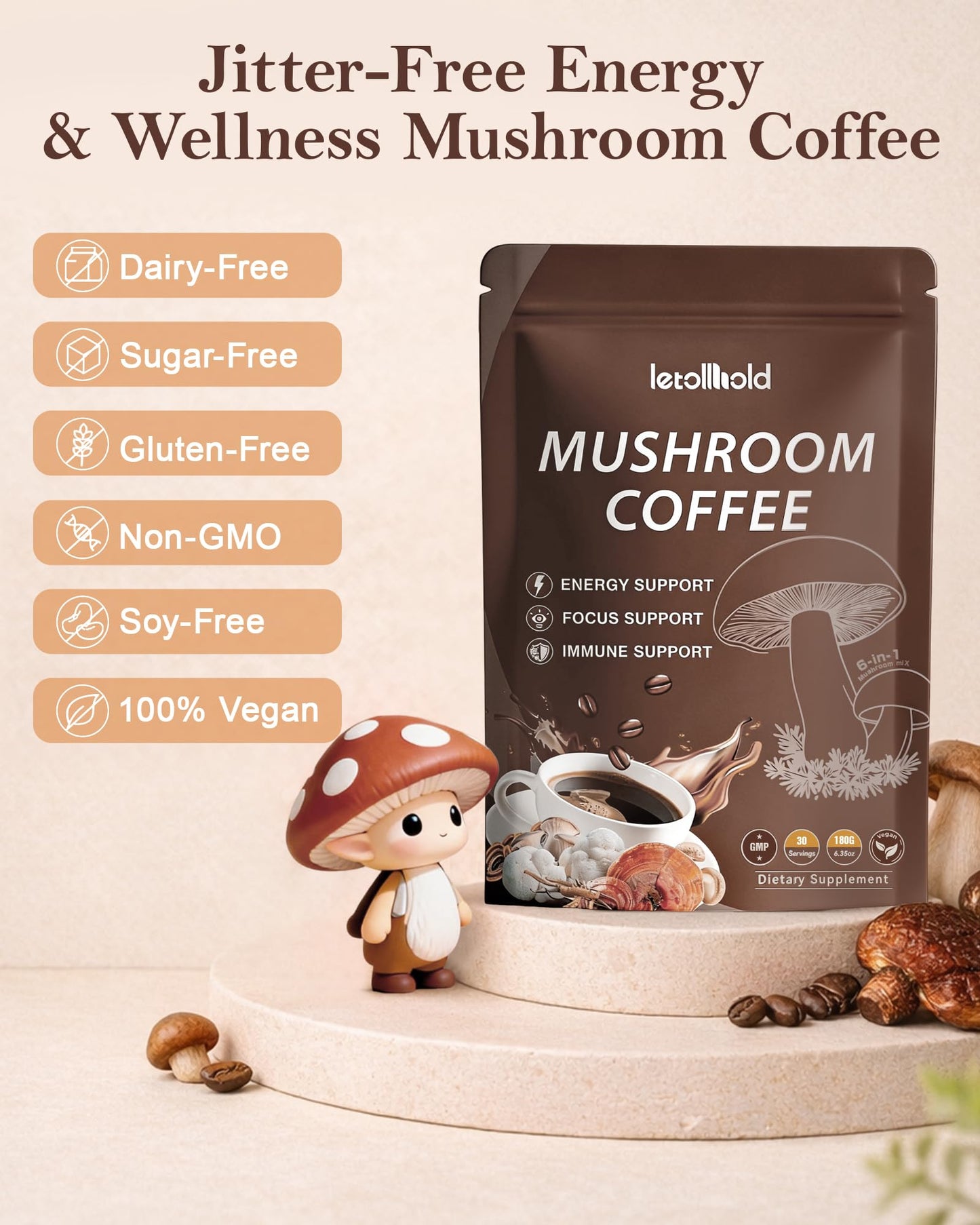 letollhold Mushroom Coffee 6-in-1 Adaptogenic Instant Mushroom Coffee with Cordyceps, Reishi, King Trumpet, Shiitake, Turkey Tail & Lion’s Mane for Energy, Digestion & Immunity Support Powder 6.3 oz