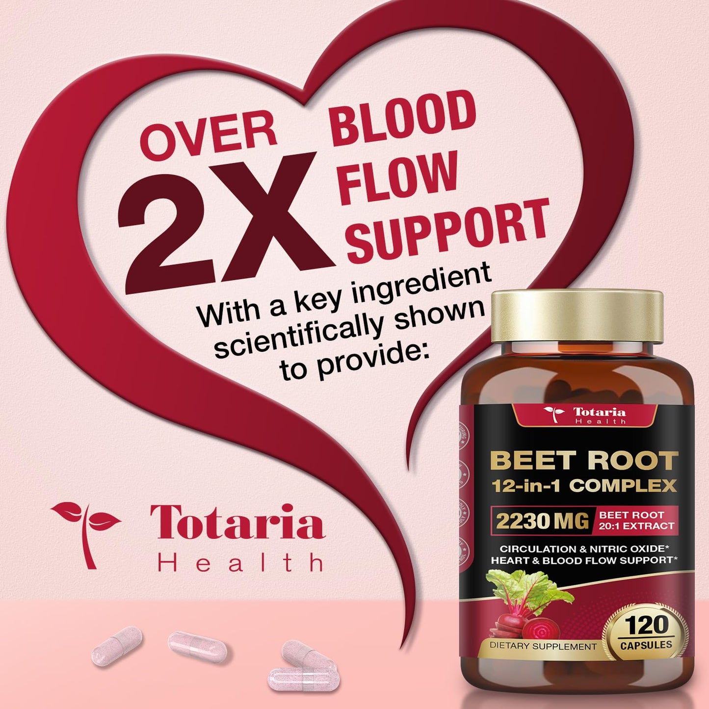 Totaria Beetroot Capsules 2230mg Support Blood Pressure & Heart Health, Nitric Oxide Supplement with Grape Seed, Hawthorn, Garlic & CoQ10, Blood Flow Beet Root Powder, 120 Count