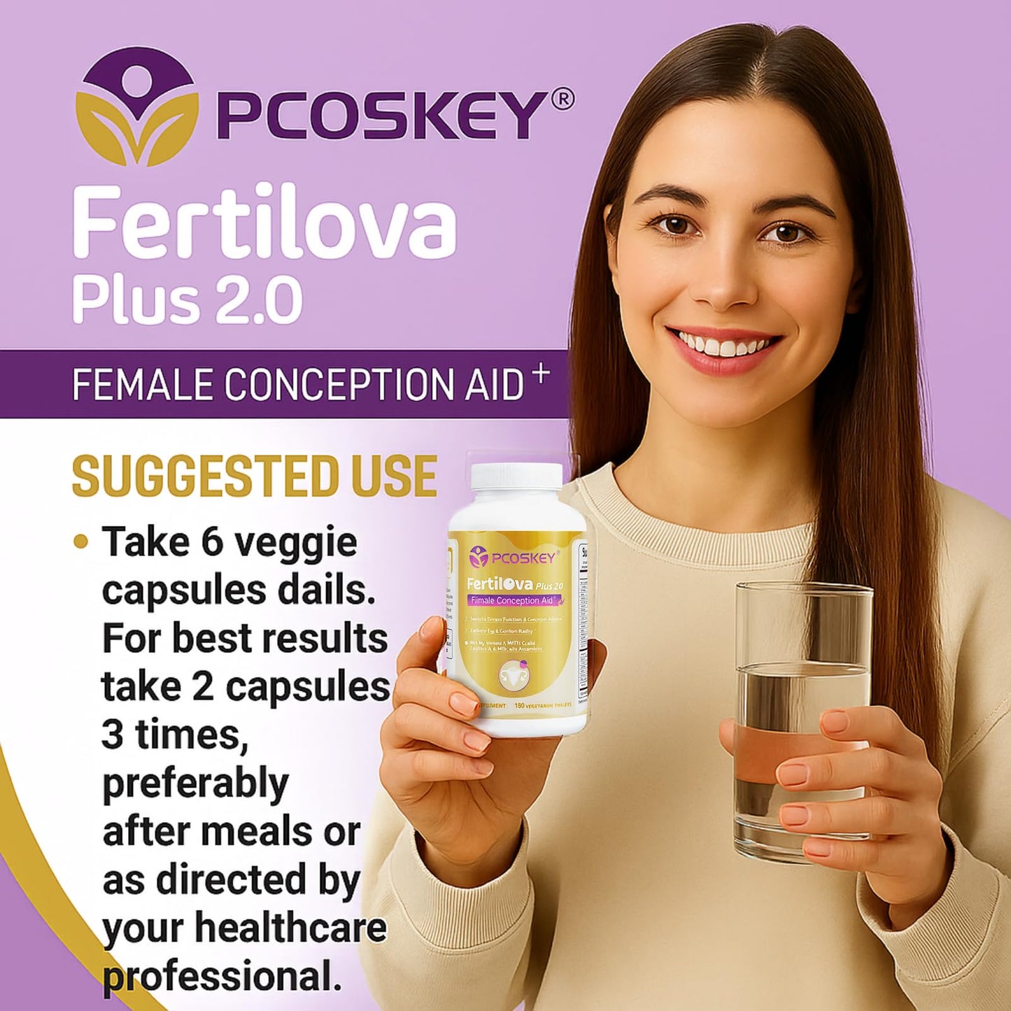 PCOSKEY Fertilova Plus 2.0 Female Fertility Supplement Myo-Inositol, CoQ10, 5-MTHF Capsules 120