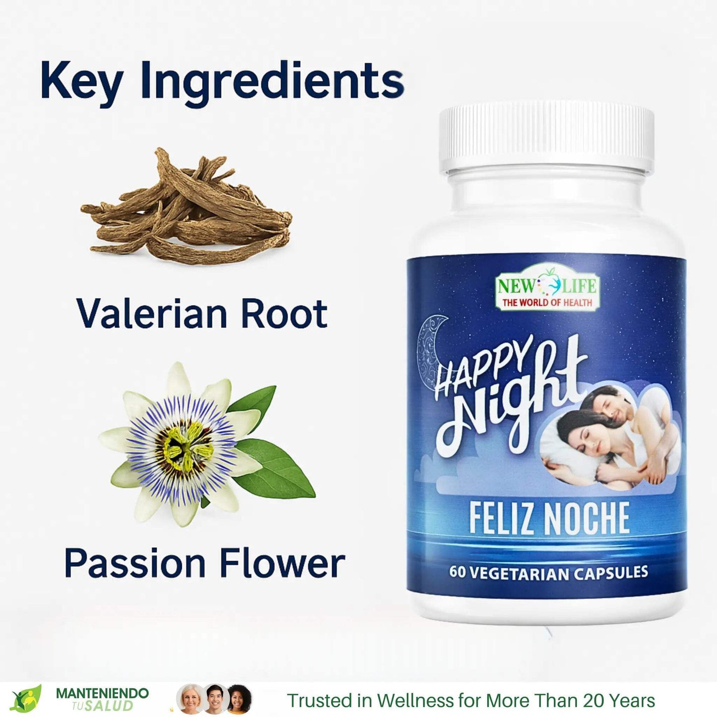 Manteniendo Tu Salud New Life Happy Night Sleep Support Valerian Root Capsules, 60 Count
