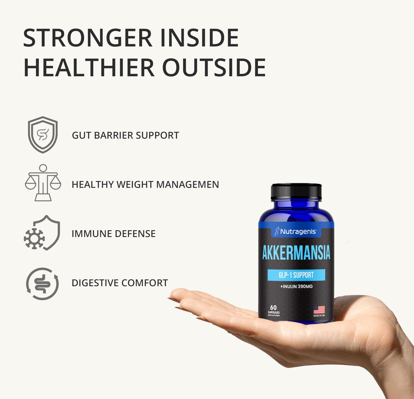 Nutragenis Akkermansia Muciniphila Probiotic Capsules 60 Count – 1 Billion AFU with 390 mg Inulin Prebiotic Fiber, Gut Health & Metabolism Support, Daily Probiotic for Men & Women