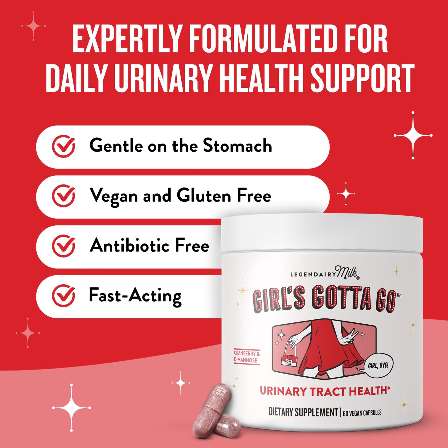 Legendairy Milk Girl’s Gotta Go UTI Support Capsule, Urinary Tract Health for Women with Sugar-Free Cranberry and D-Mannose, 60 Capsules