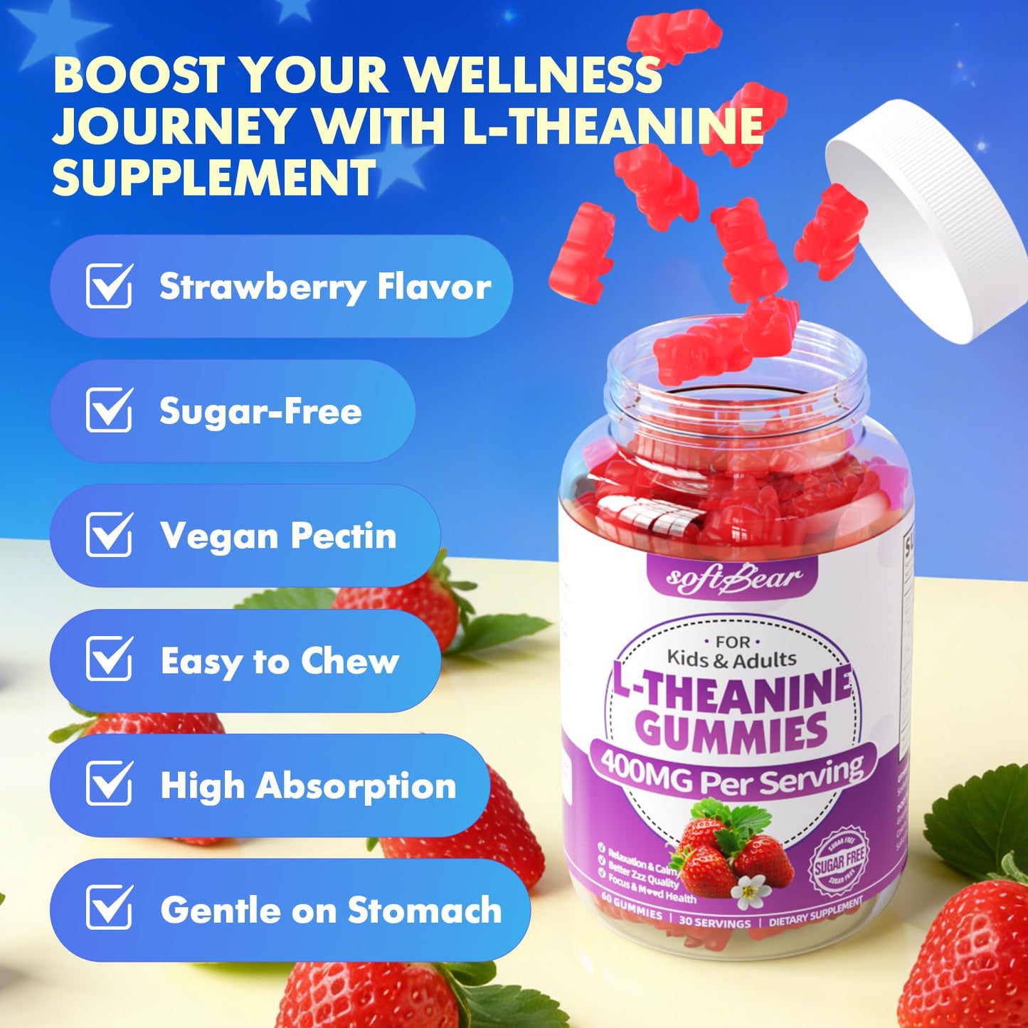 Softbear L-Theanine 400mg Gummies, 60 Count
