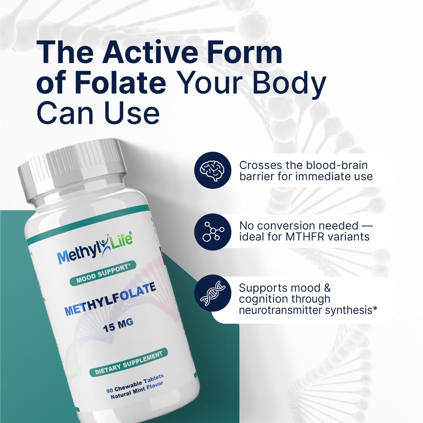 Methyl-Life L-Methylfolate 15 mg for Women & Men – Active Folate Supplement with Cerebrofolate (L-5-MTHF Calcium) – High Bioavailability B9 Support – Tablets, 90 Count