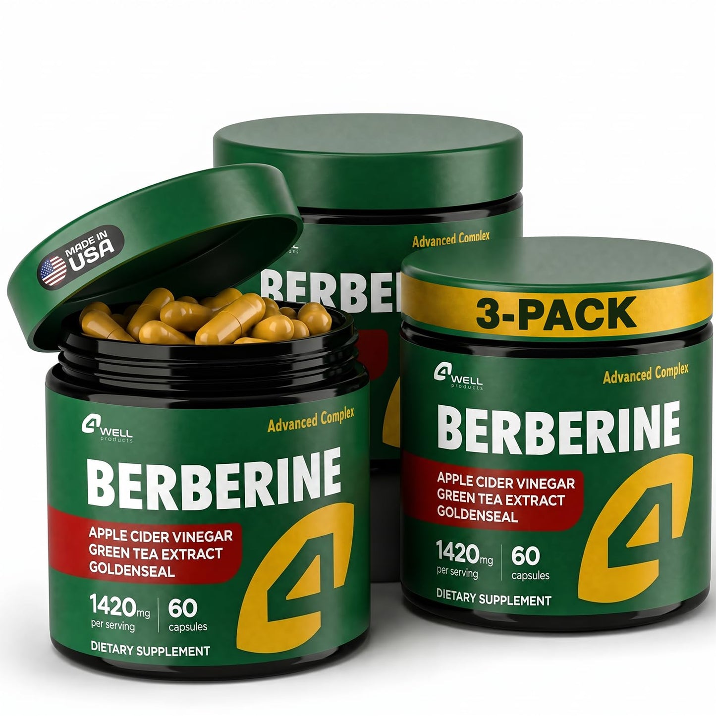 4Well Products Berberine Supplement with Goldenseal, Apple Cider Vinegar & Green Tea Extract Capsules 180 Count