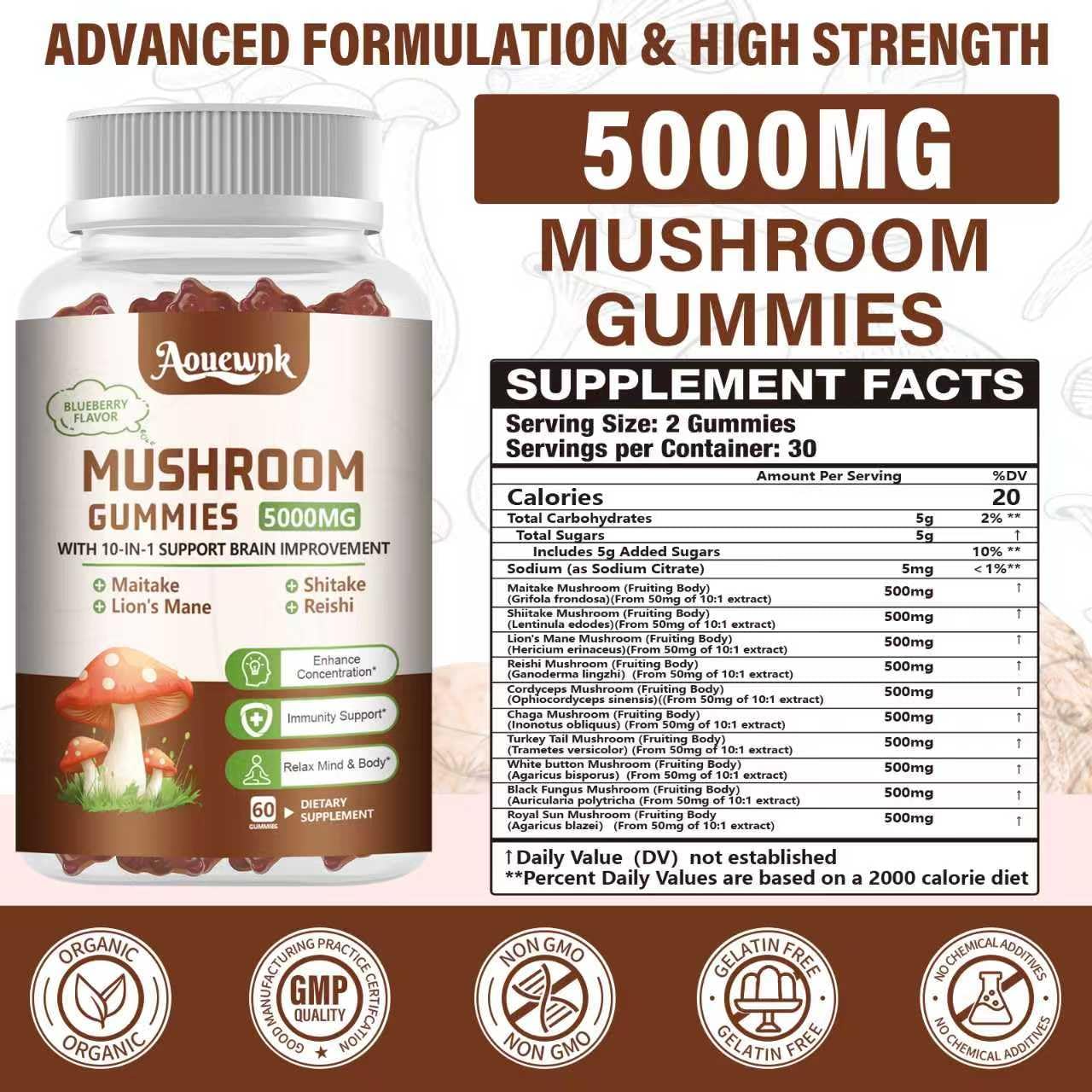 Aouewnk Mushroom Gummies Supplement for Men & Women Gummy, 60 Count