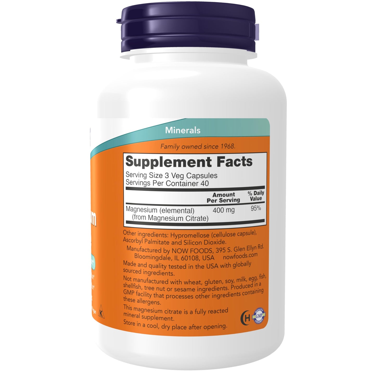 NOW Foods Magnesium Citrate 400 mg Capsules, 120 Count