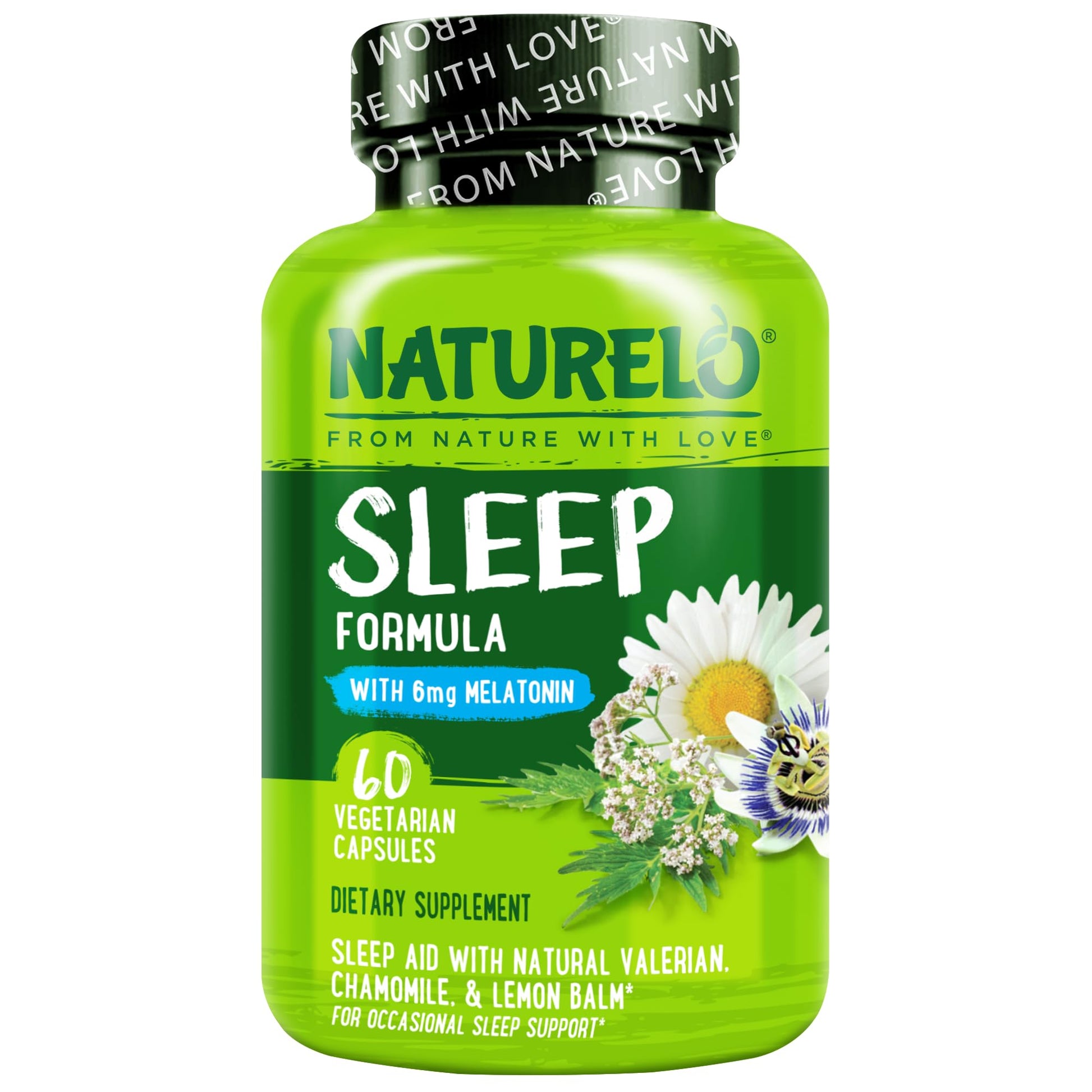 NATURELO Sleep Aid with Melatonin, Magnesium, GABA, Valerian Root, Lemon Balm, Chamomile Herbal Extracts, 60 Capsules