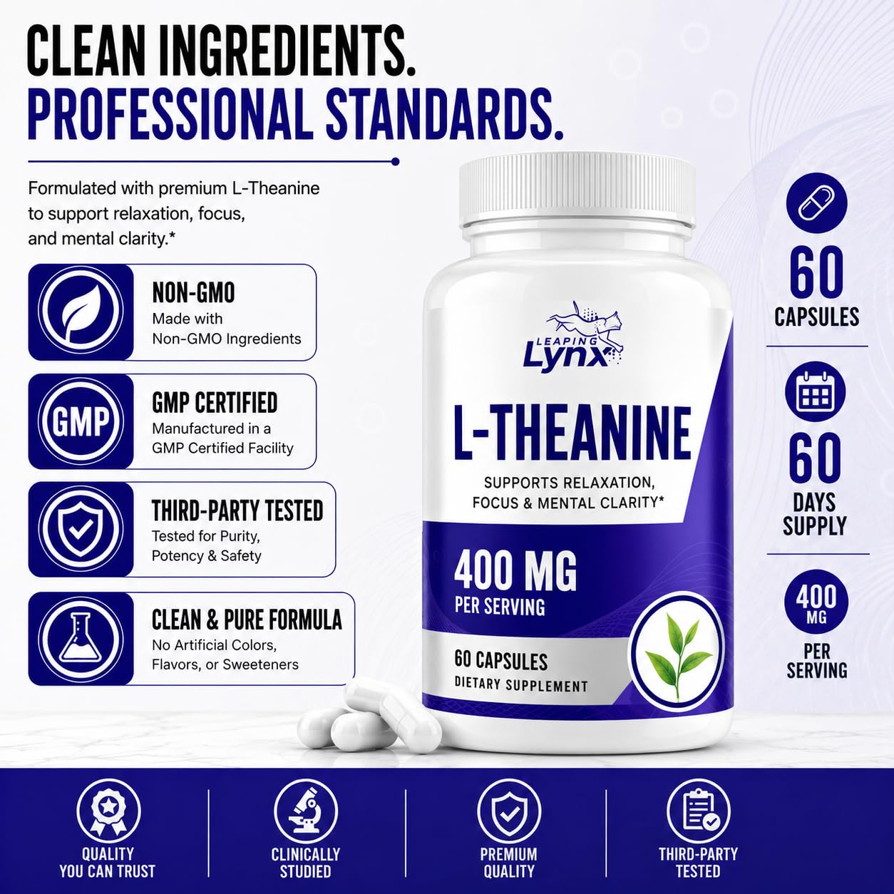 Leaping Lynx L-Theanine 400 mg per Serving (200 mg per Capsule) Powder, 12.5 oz