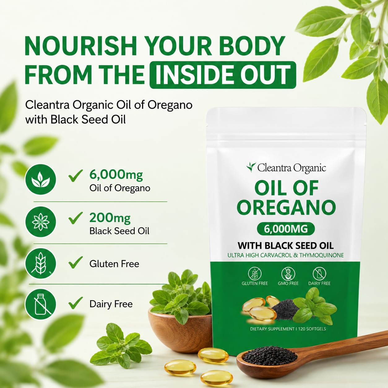 Cleantra Organic Oil of Oregano with Black Seed Oil 6000mg, 2-in-1 Oregano Oil Softgels, 120 Count