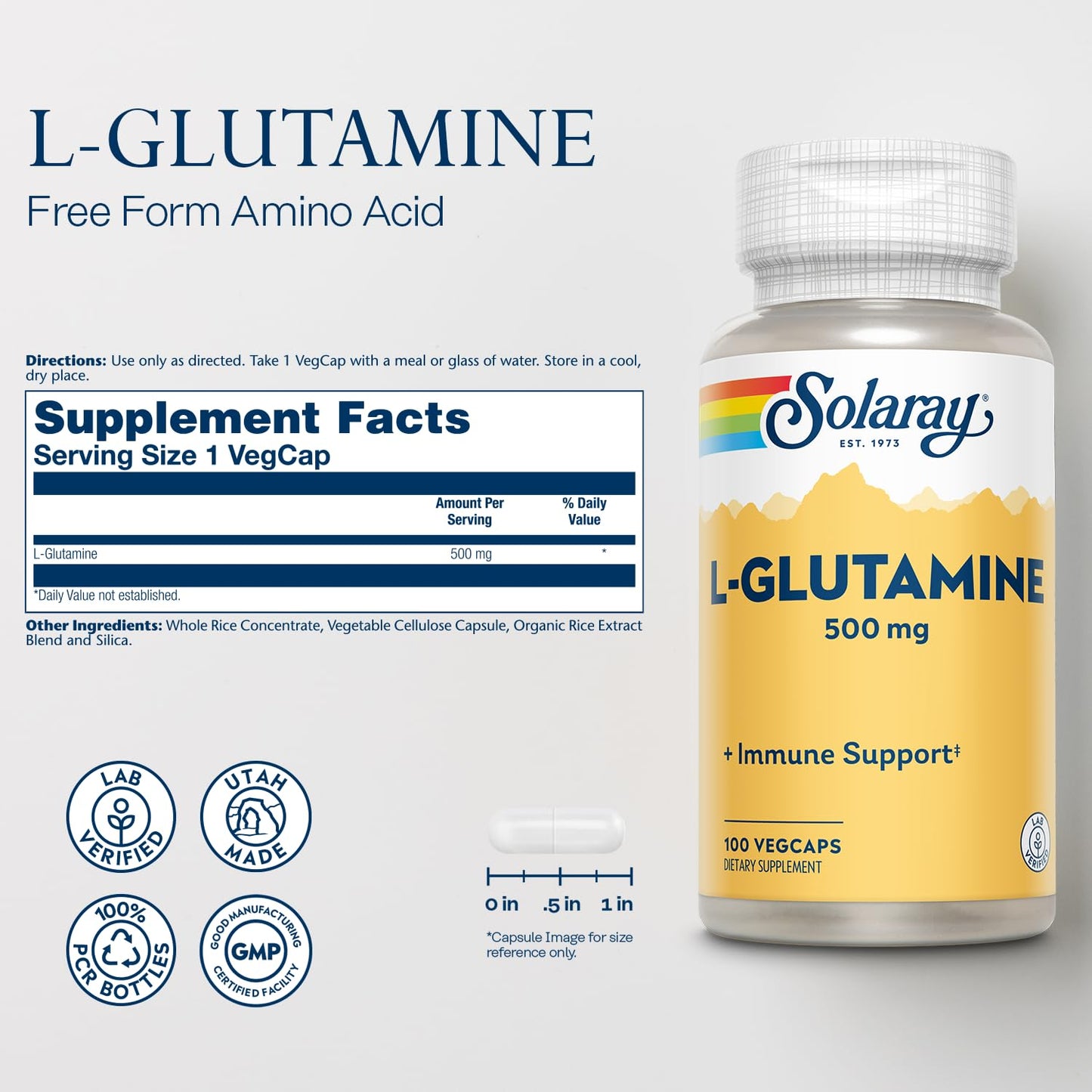 SOLARAY L-Glutamine 500 mg Capsules, 100 Veg Caps