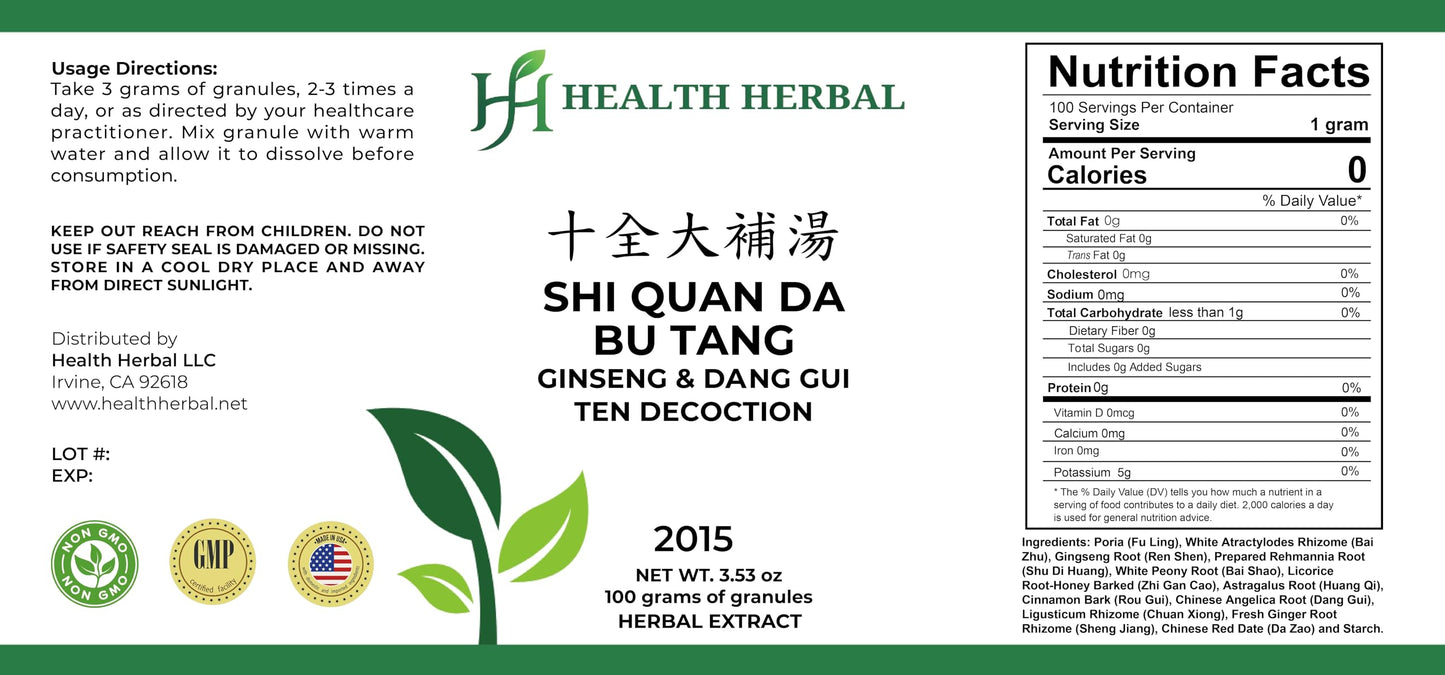 Health Herbal Shi Quan Da Bu Tang Ginseng & Dang Gui Ten Decoction Granules Powder, 3.53 oz
