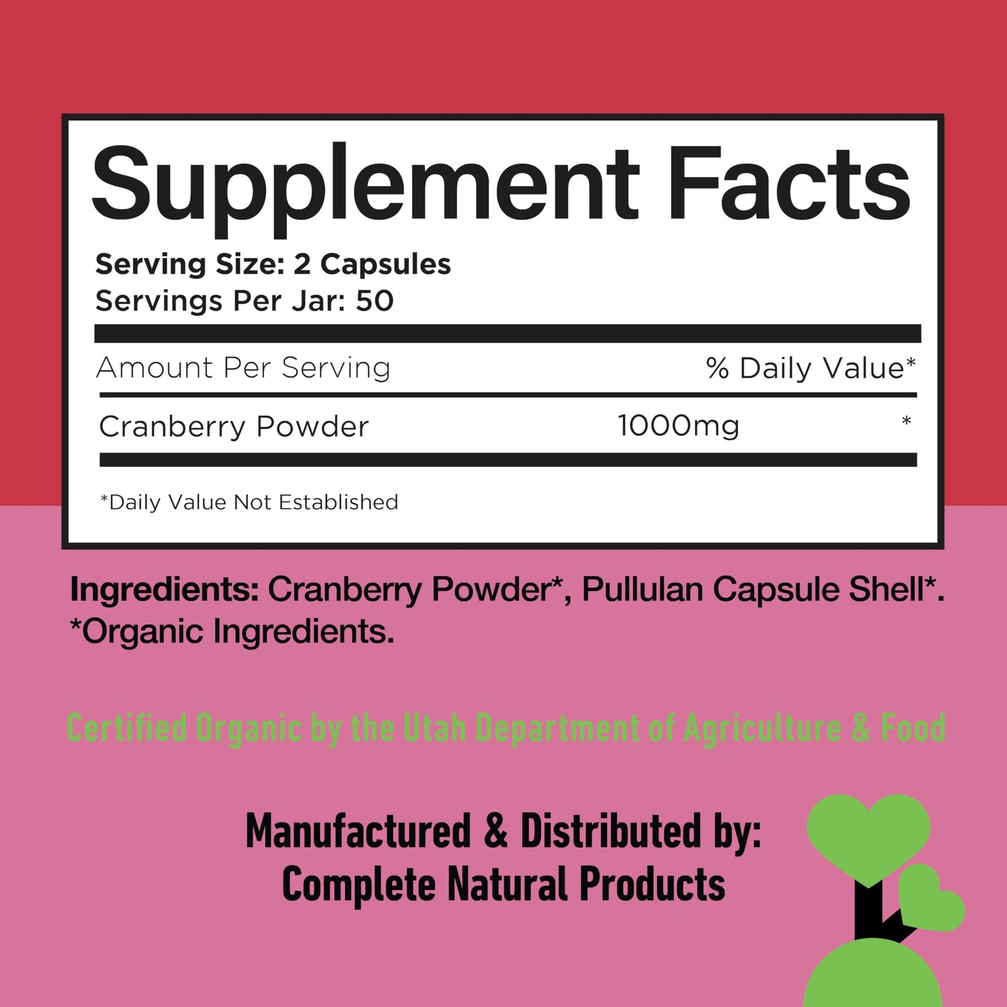 Complete Natural Products Organic Cranberry 500mg Capsules 100 Count