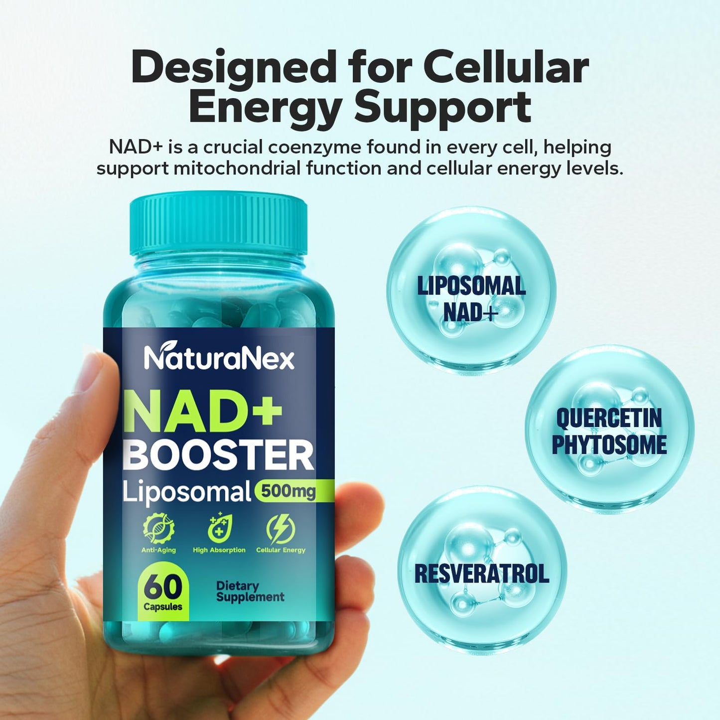 NaturaNex Liposomal NAD+ Supplement 650mg, Resveratrol & Quercetin Complex, 60 Capsules