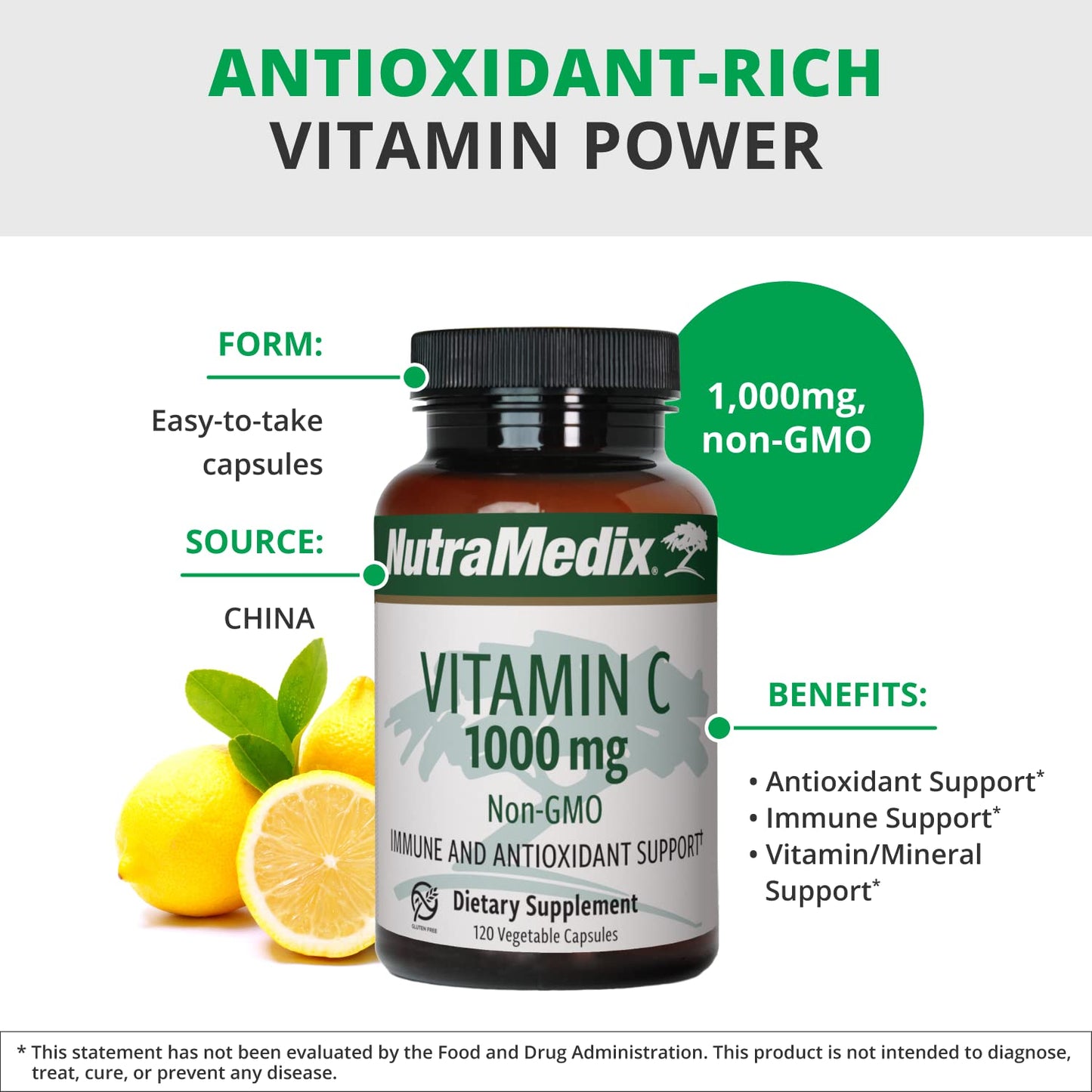NutraMedix Vitamin C 1000mg Vegetarian Capsules, 120 Capsules