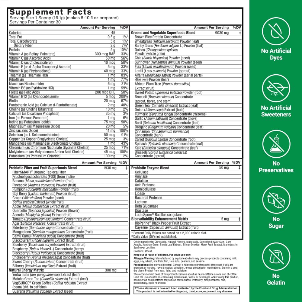 Force Factor Smarter Greens Superfoods + Energy Powder, 15.4 Ounce