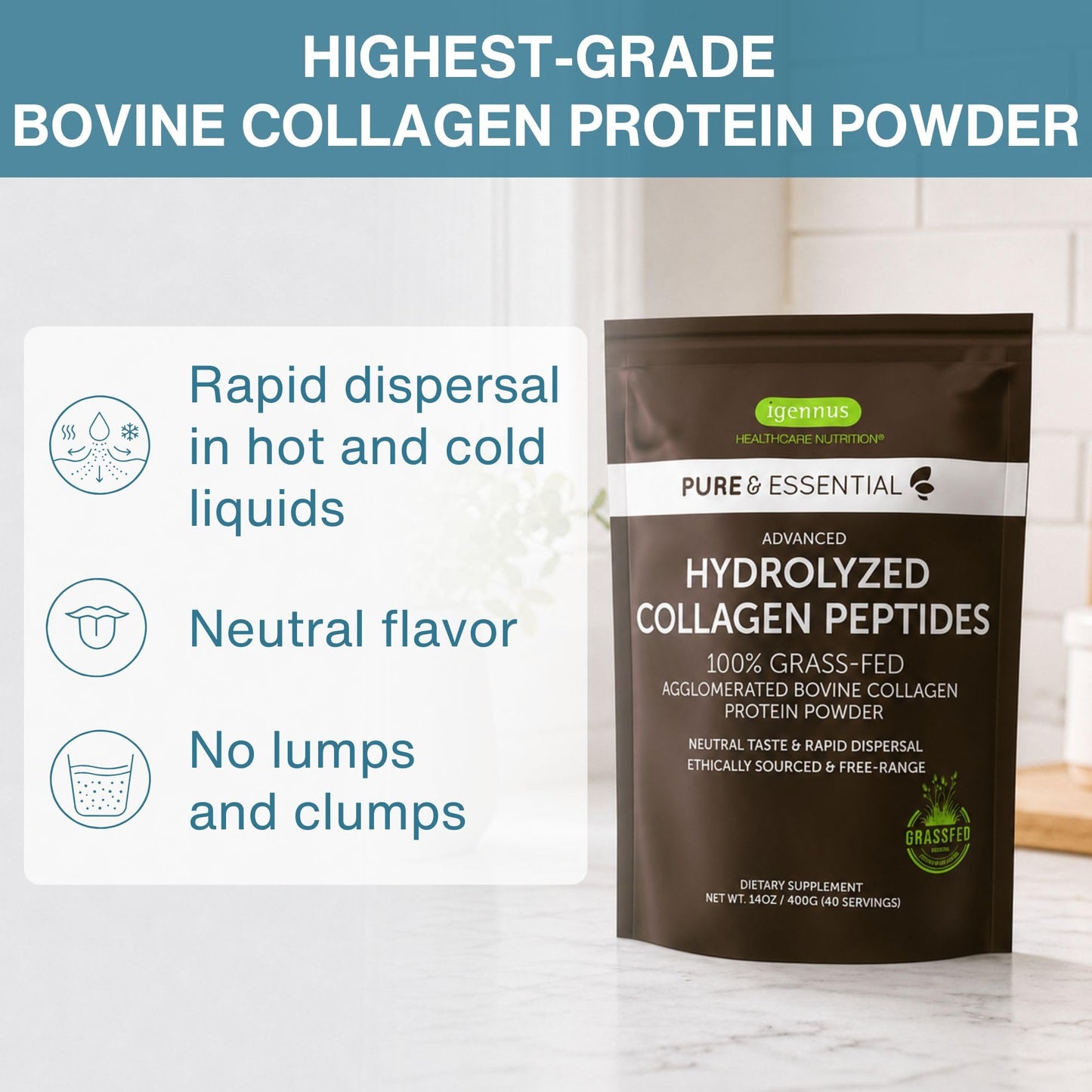 Igennus Healthcare Nutrition Advanced Grass Fed Hydrolyzed Bovine Collagen Peptides Powder 14.1 oz