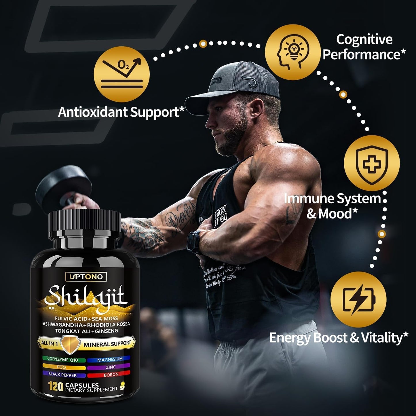 LSOIUX Shilajit Capsules 600mg, 10-in-1 Himalayan Shilajit Supplement with Fulvic Acid, Trace Minerals, Ashwagandha, Tongkat Ali, Ginseng, Cordyceps & Sea Moss, Men & Women - 120 Capsules