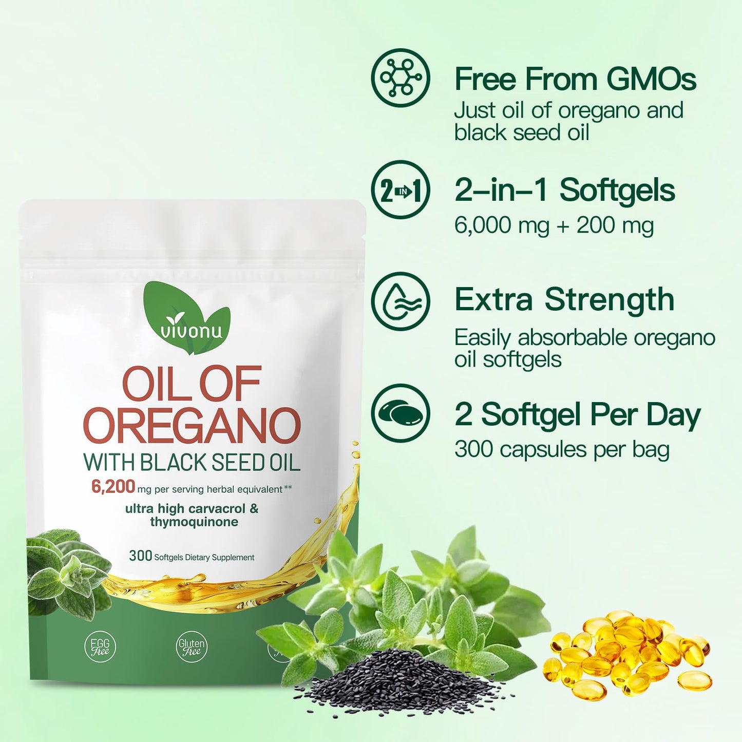 VivoNu Oil of Oregano with Black Seed Oil Capsules, 600 Count