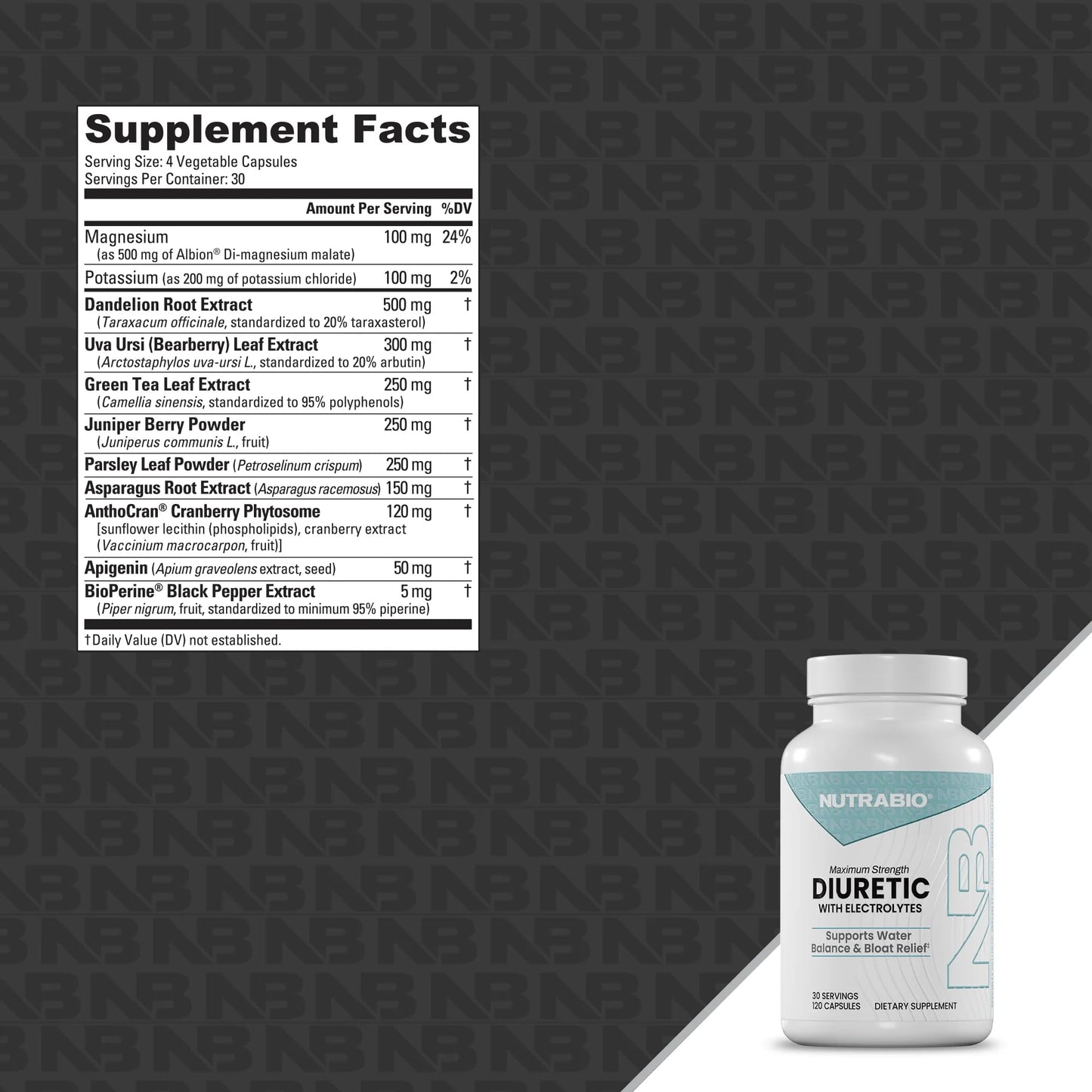 NutraBio Diuretic with Electrolytes - Maximum Strength Water Retention Pills and Bloat Relief Support for Women and Men, Weight Loss Support, Diuretic Water Pills Supplements - 120 Capsules