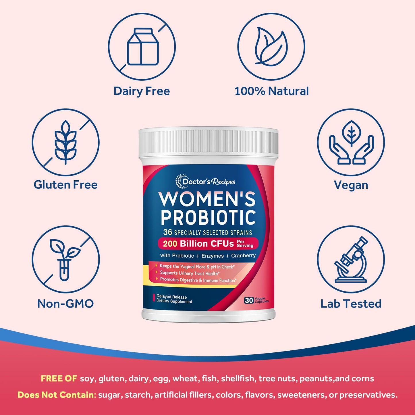 Doctor's Recipes Probiotics for Women, 200B CFUs 36 Strains, with Prebiotics, Enzymes & Cranberry, Vaginal Urinary Digestive & Immune, Shelf Stable, 60 Capsules