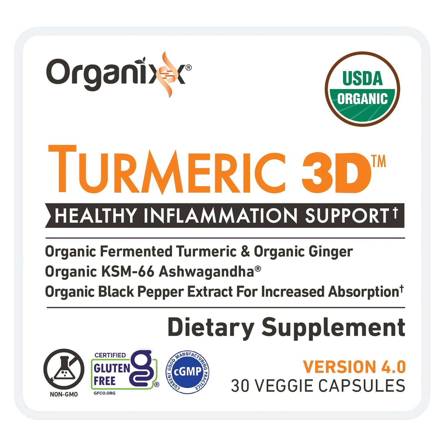 Organixx USDA Organic Turmeric Curcumin with Ashwagandha, Vitamin D & Ginger, Fermented for Maximum Bioavailability, 30 Capsules