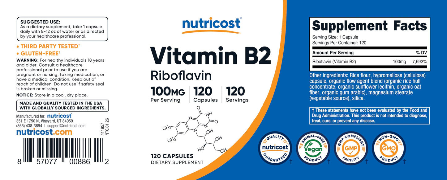 Nutricost Vitamin B2 (Riboflavin) 100mg Capsules, 120 Count