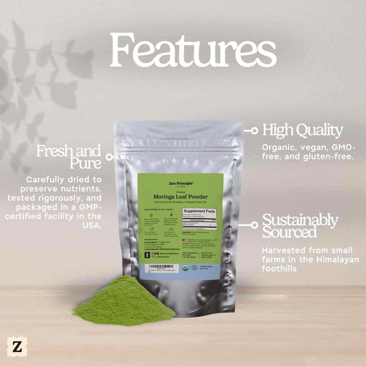 Zen Principle Moringa Oleifera Leaf Powder, Organic, 32 oz