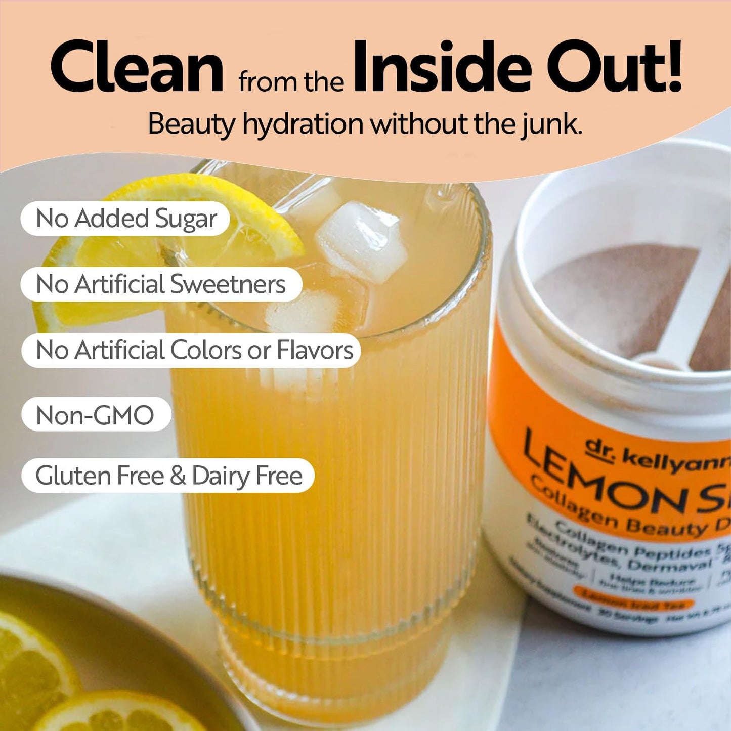 Dr. Kellyann Lemon Sips with Verisol Collagen Peptides, Dermaval & Hyaluronic Acid, Sugar-Free Hydrating Electrolyte Powder, Lemon Iced Tea Flavor, 8.78 Ounce