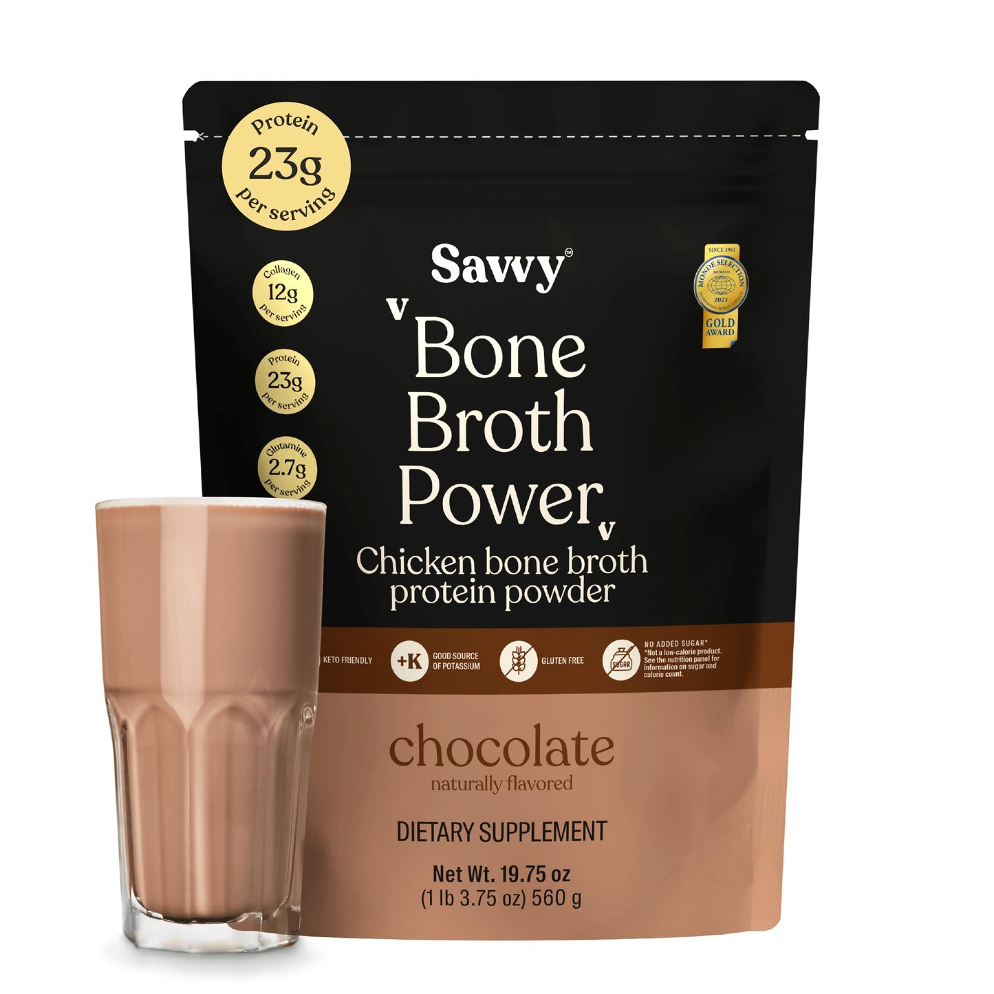 SAVVY Bone Broth Power Chocolate Protein Powder, 560g (16 Servings)