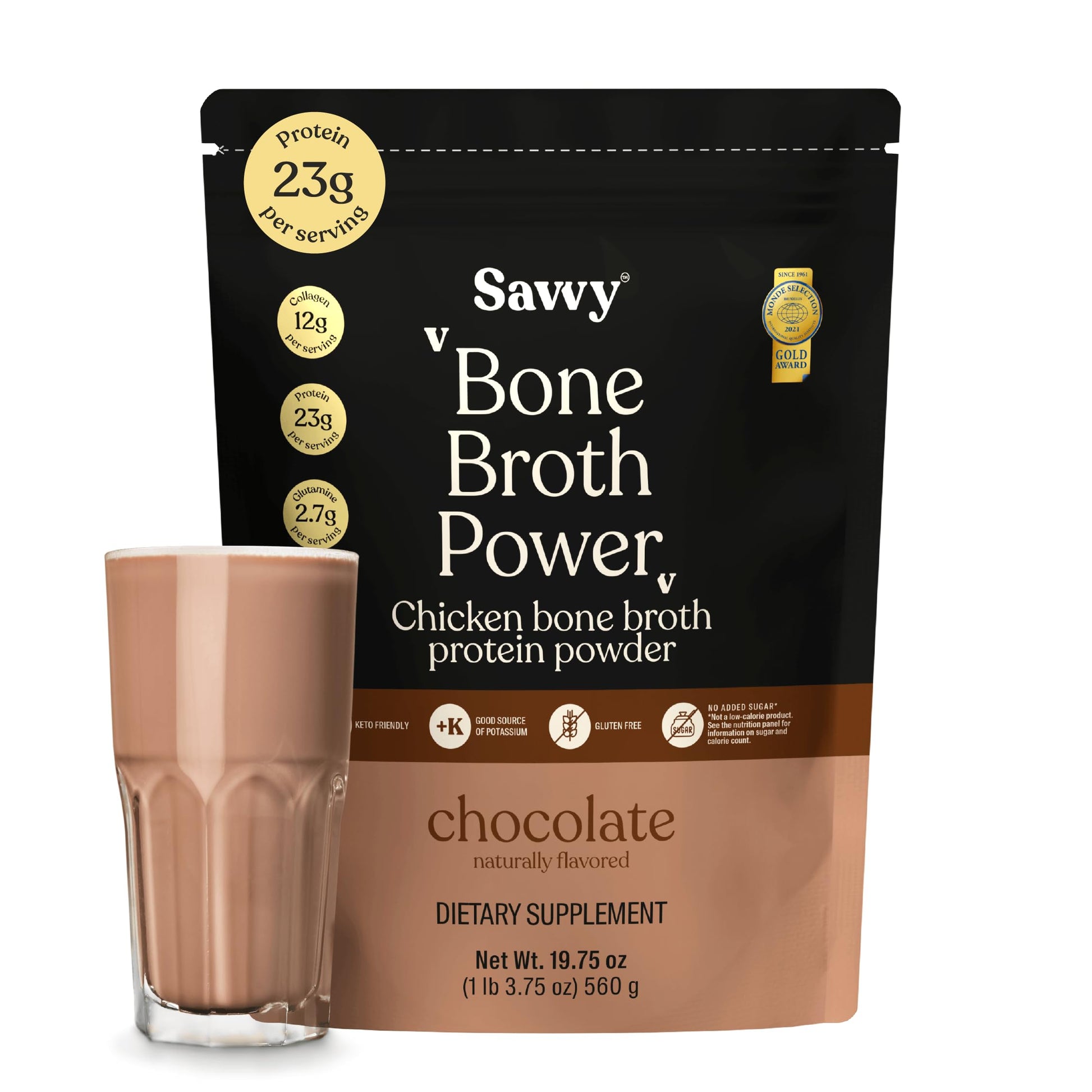 SAVVY Bone Broth Power Chocolate Protein Powder, 560g (16 Servings)