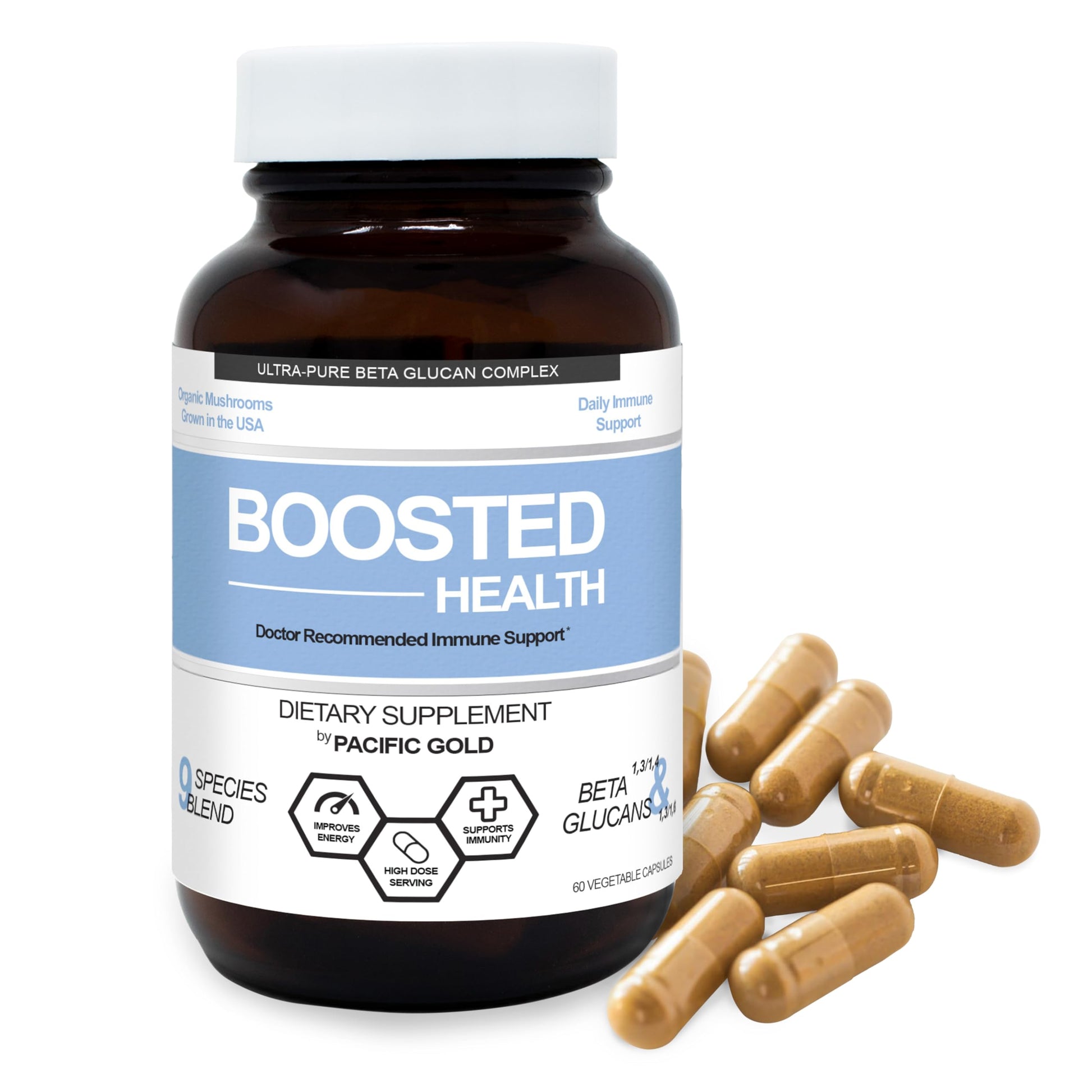 Pacific Gold Boosted Health 9 Mushroom Complex Immune Support Supplement 60 Capsules