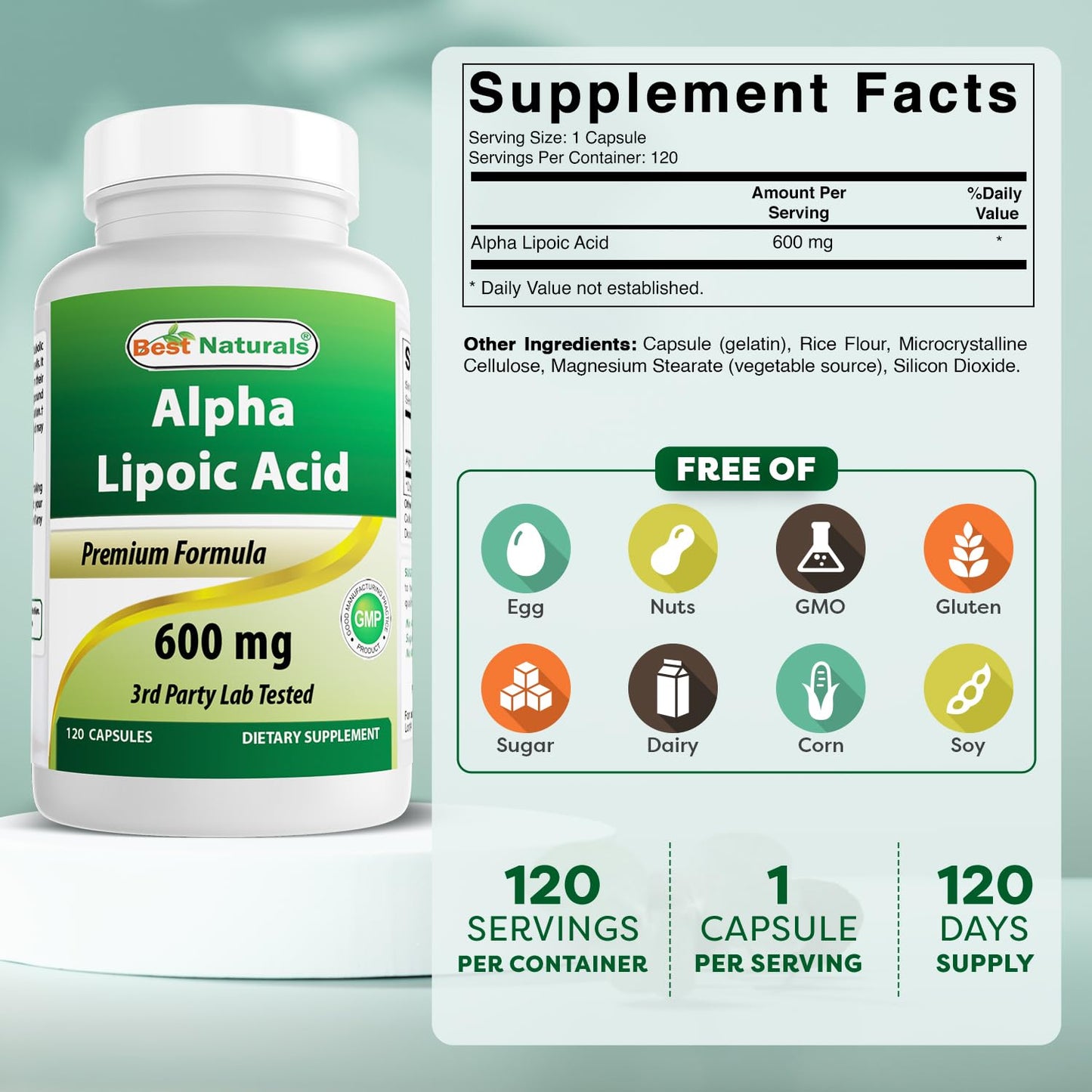 Best Naturals Alpha Lipoic Acid 600 mg Capsule, 120 Count