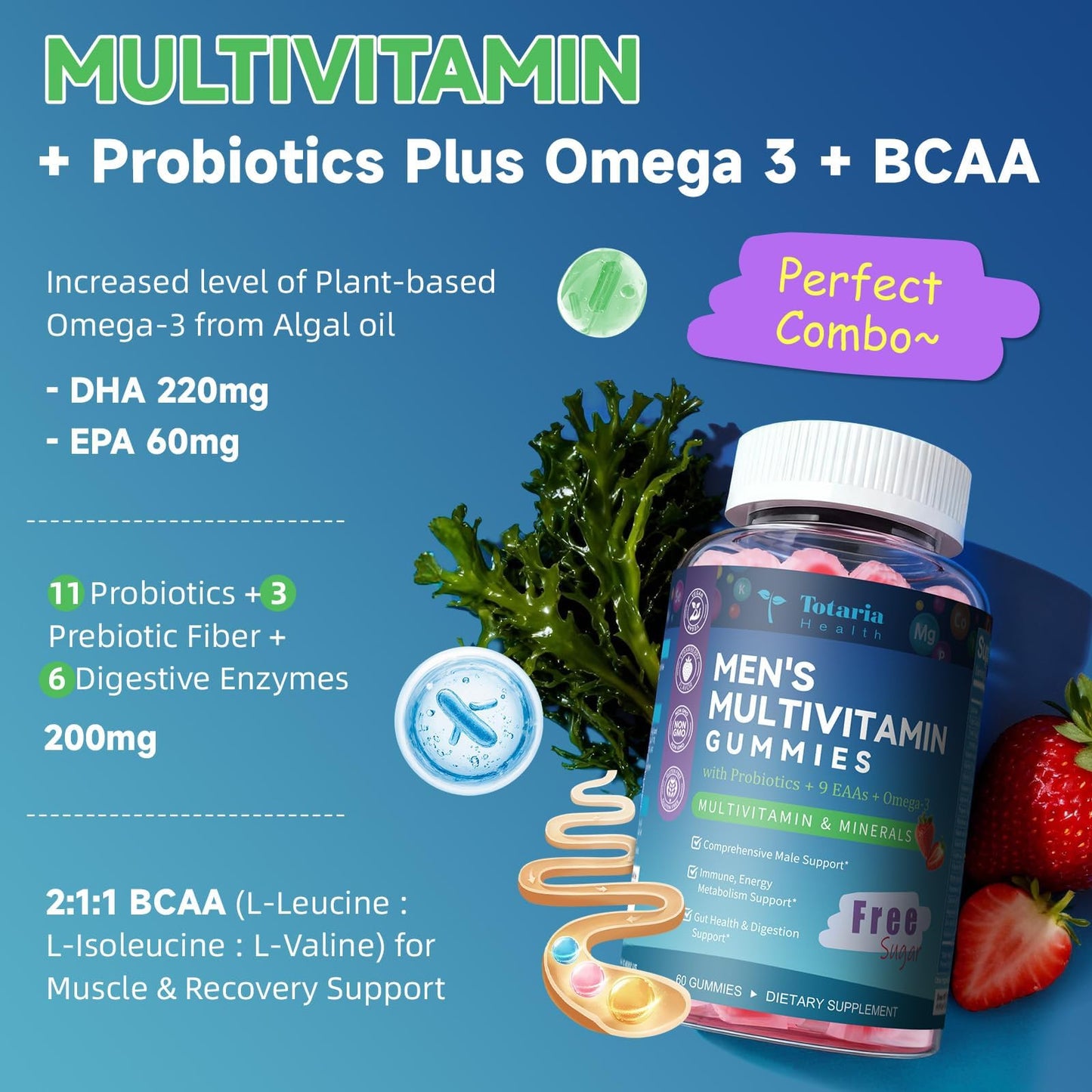 Totaria Sugar Free Men's Multivitamin Gummies with Omega-3, Probiotics, Methylated B Complex, BCAA, Lycopene, Zinc, 120-Count